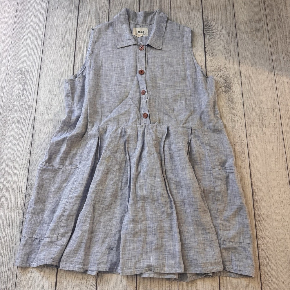 FLAX Jeanne Engelhart Women's Linen Sleeveless Tunic Dress Blue Gray Lagenlook